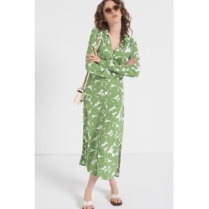 M13 United Colors of Benetton Green White Floral Leaf Print Midi Dress Belted